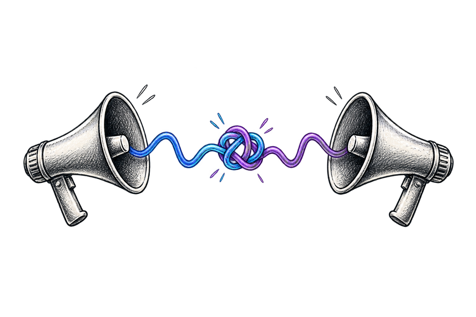 Two megaphones connected by a tangled glowing blue and purple cable.