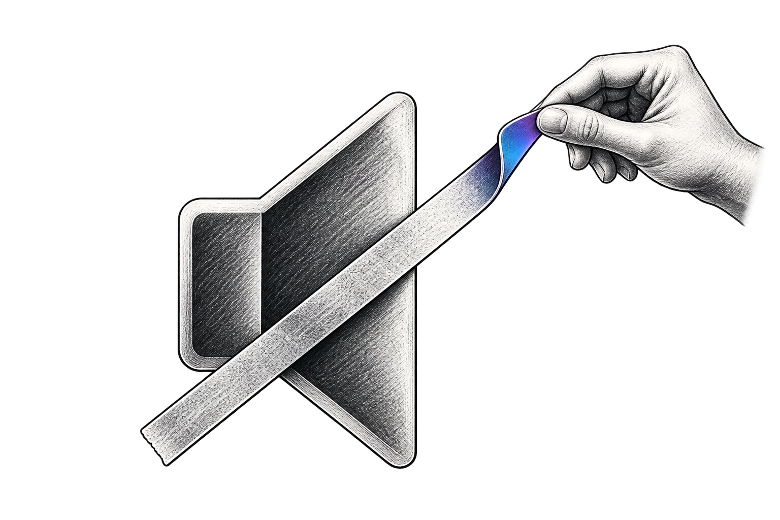 A hand lifting a strip away from a muted speaker icon.