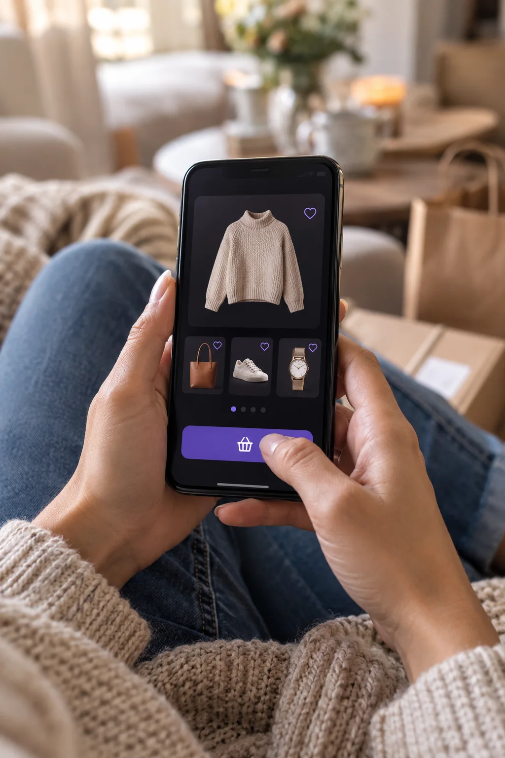 Person using a mobile shopping application from a sofa