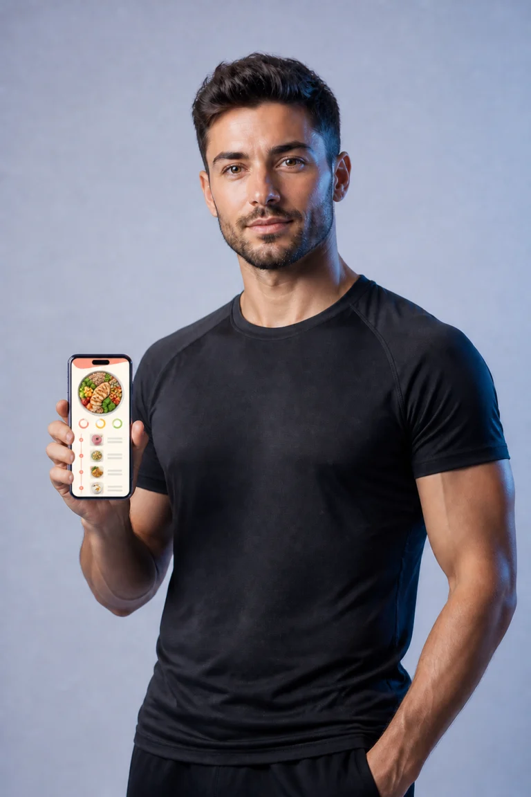 Personal trainer beside a custom nutrition planning app interface