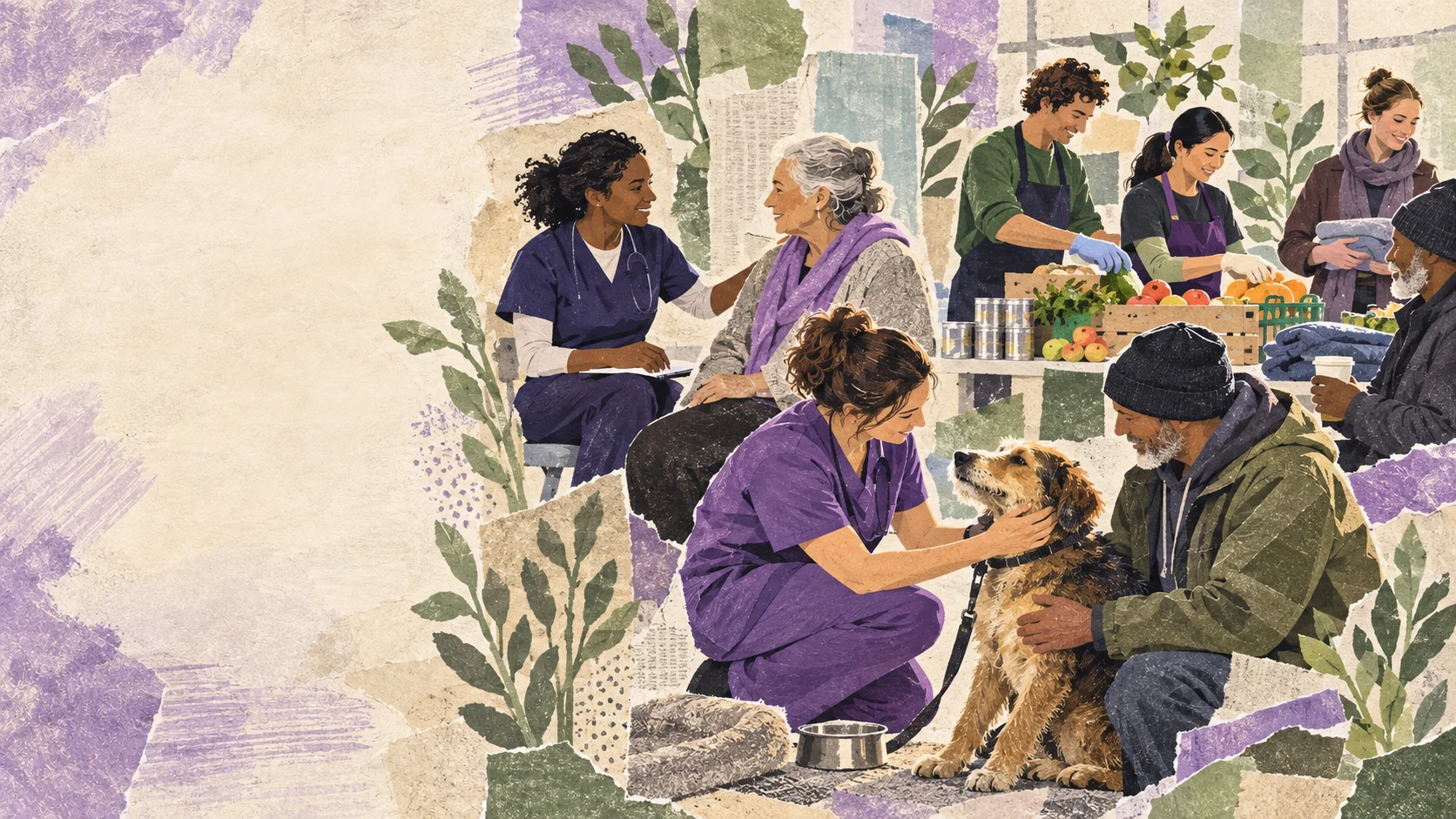 An artistic collage of charity workers supporting people, animals and their community.