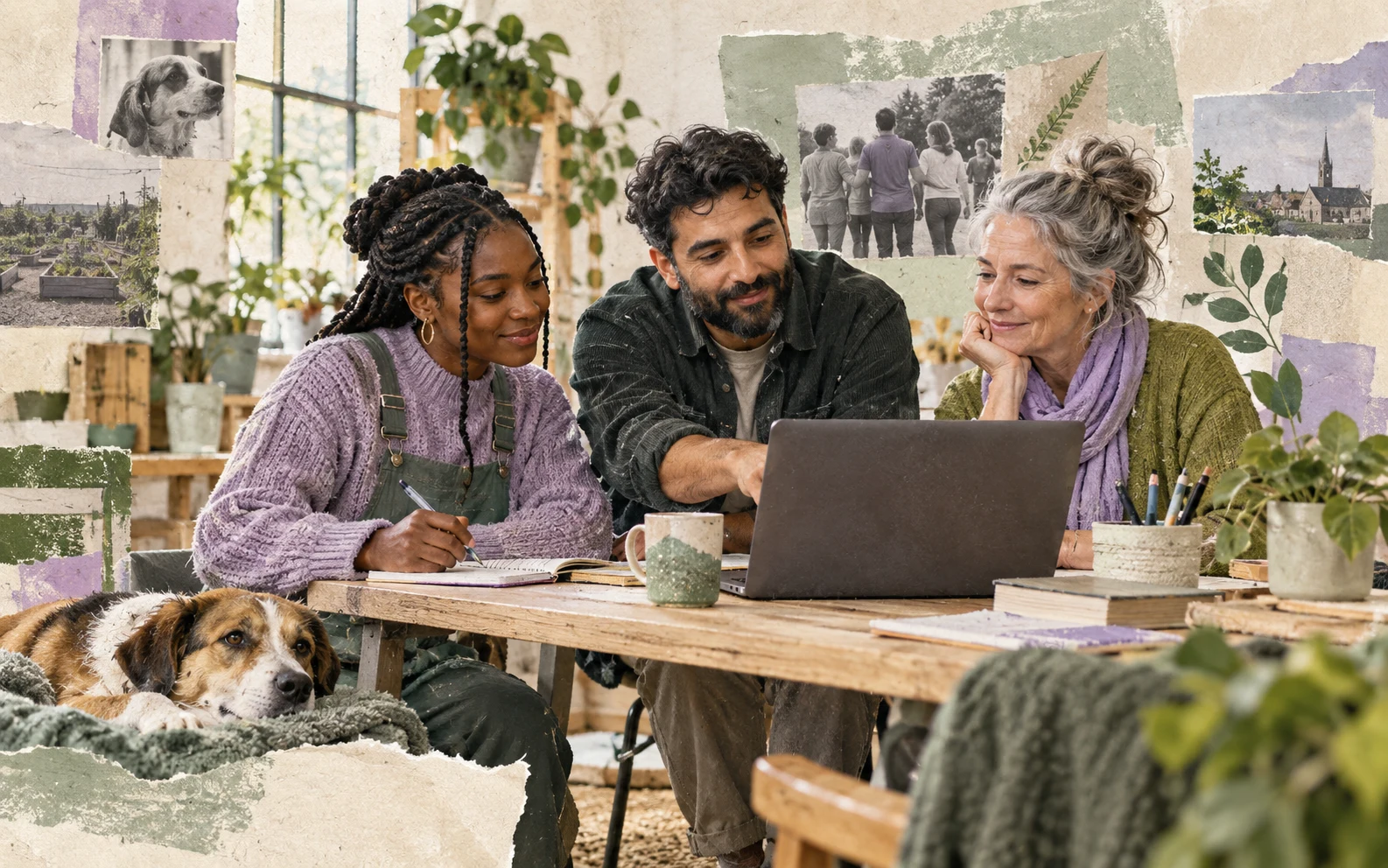 An artistic collage of charity workers planning digital support together with a community member and a dog.