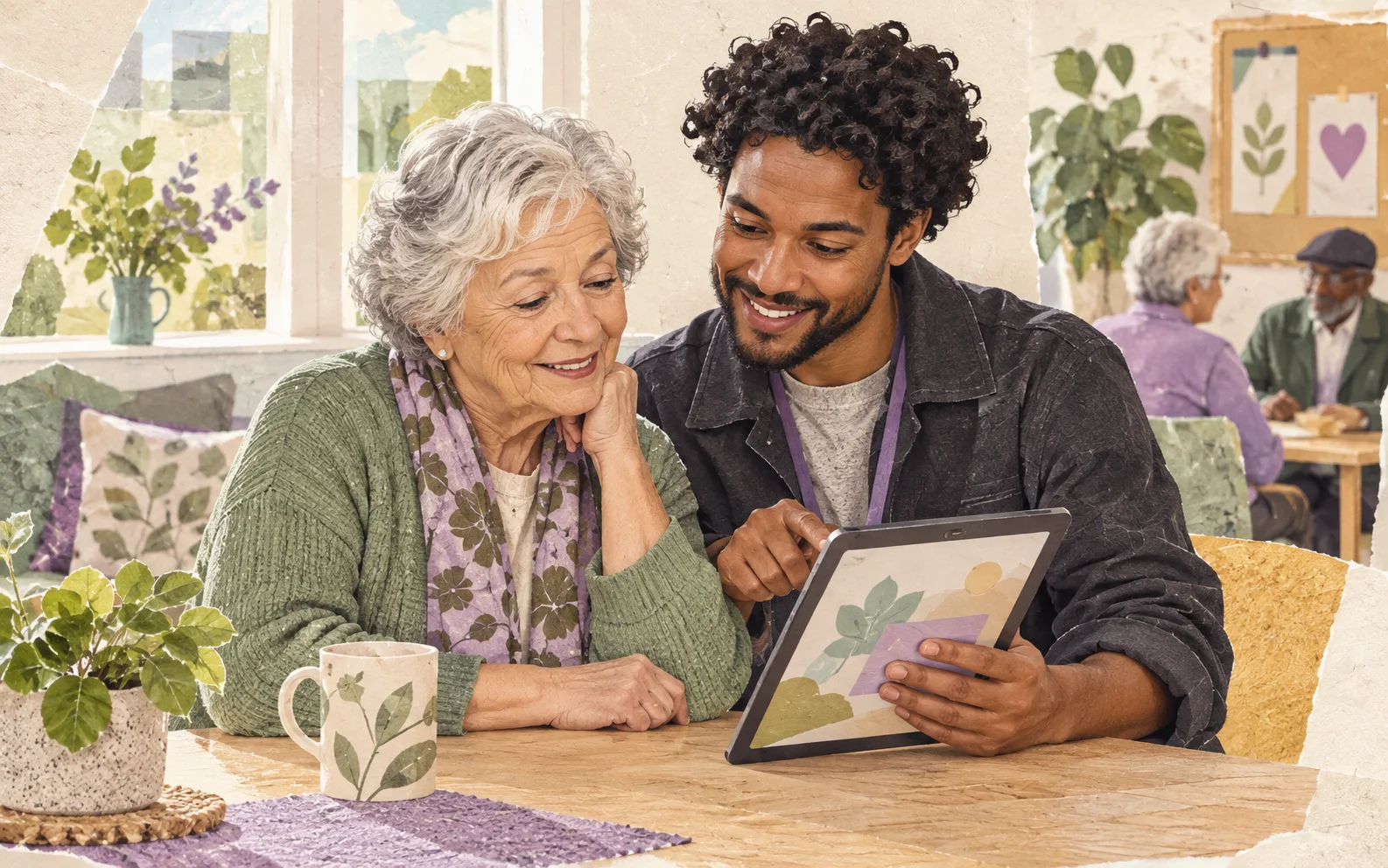 An artistic collage of a volunteer helping a community member use a tablet.