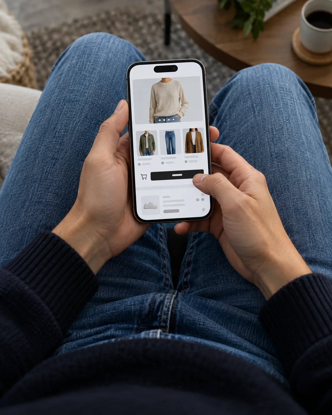 A first-person view of a clothing store on a phone over blue jeans.