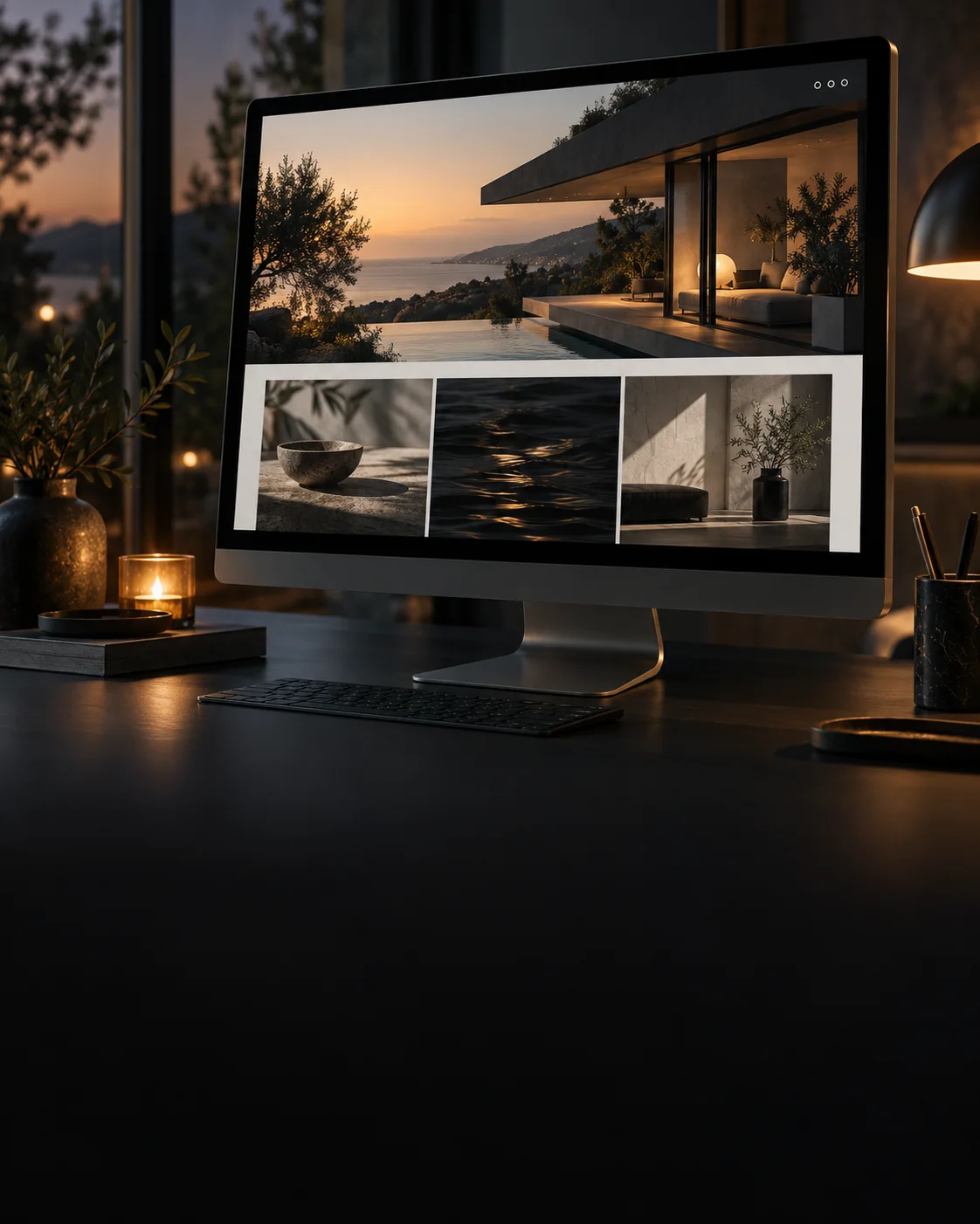 A cinematic product-film frame showing a bespoke website on screen.